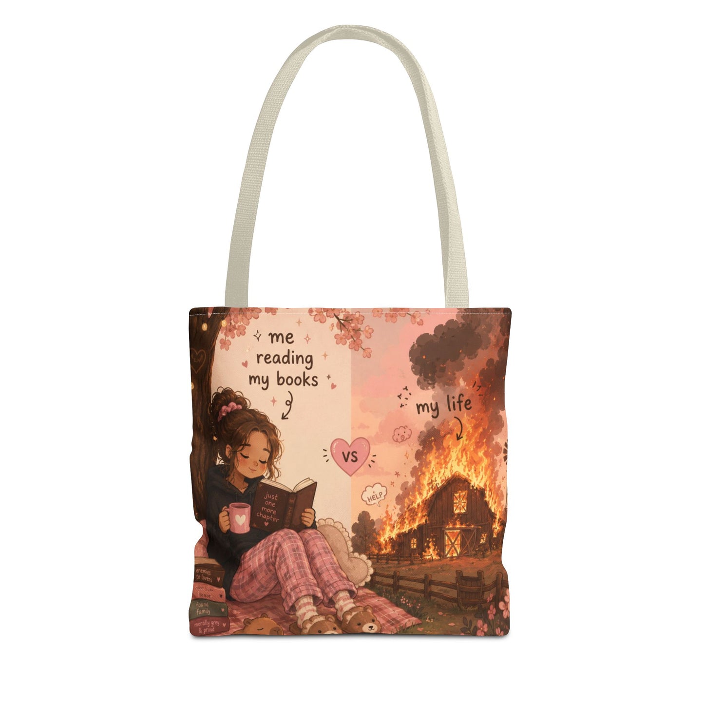 Booklover Tote Bag — "Me Reading My Books vs My Life" Illustrated Aesthetic Tote