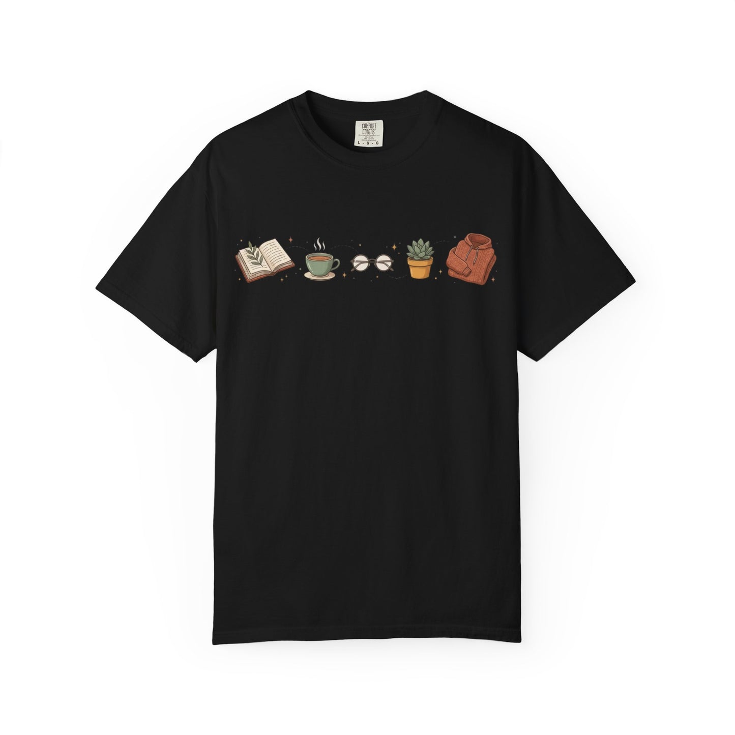 Cozy Reader Icons T-Shirt — Book, Coffee & Plant Graphic Tee