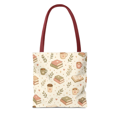 Bookish Tote Bag — Cute Cozy Books & Coffee Pattern All-Over Print Tote