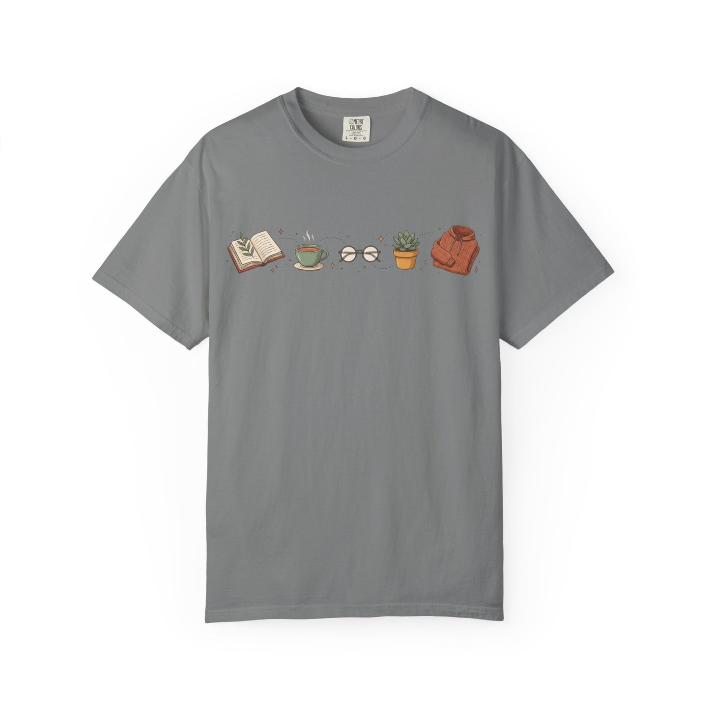 Cozy Reader Icons T-Shirt — Book, Coffee & Plant Graphic Tee