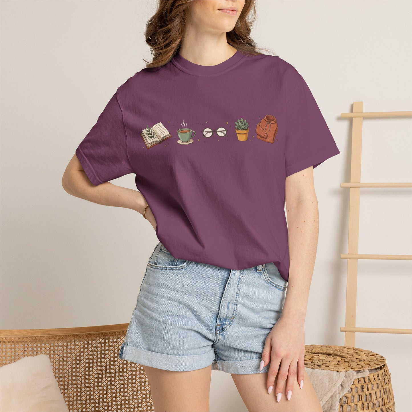Cozy Reader Icons T-Shirt — Book, Coffee & Plant Graphic Tee