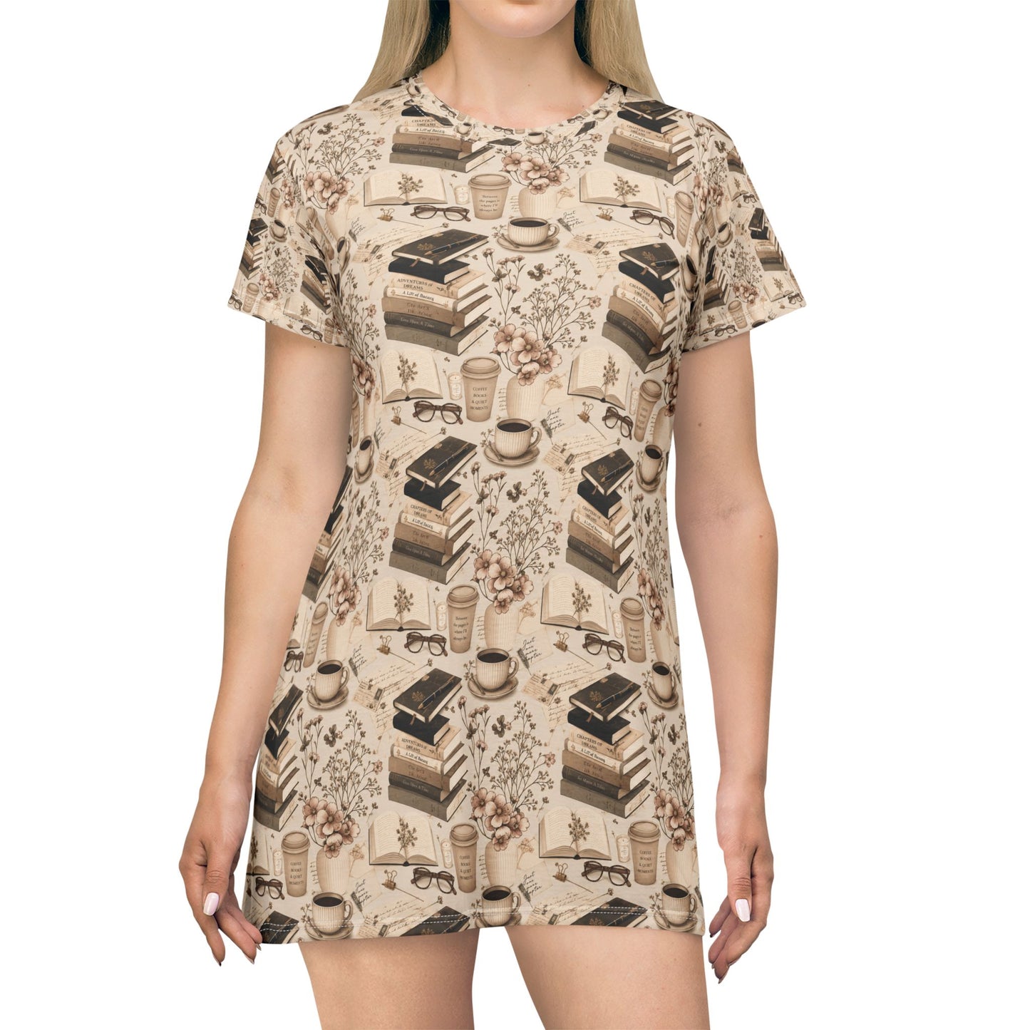Booklover T-Shirt Dress — Cozy Stacks & Coffee All-Over Print