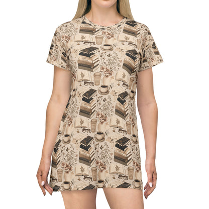 Booklover T-Shirt Dress — Cozy Stacks & Coffee All-Over Print