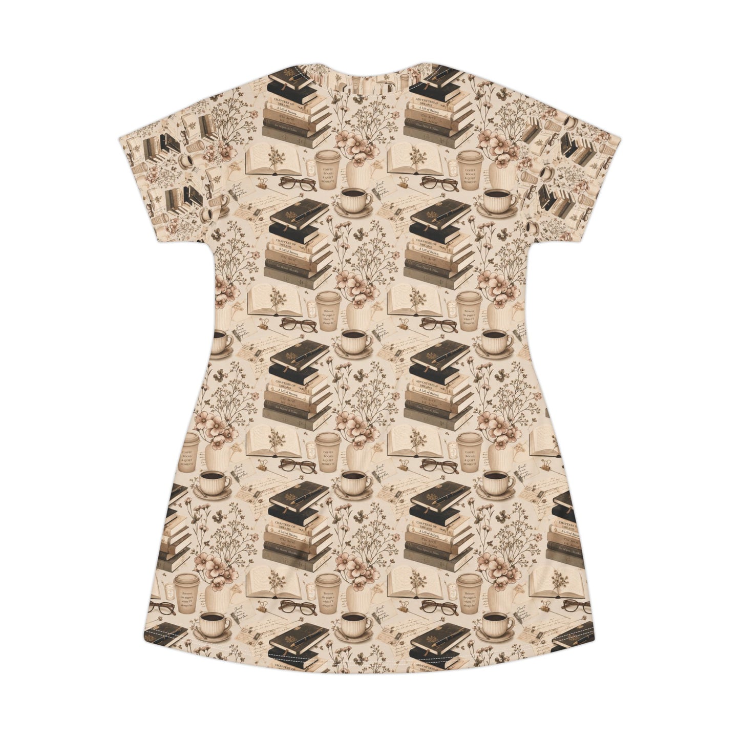 Booklover T-Shirt Dress — Cozy Stacks & Coffee All-Over Print