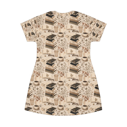 Booklover T-Shirt Dress — Cozy Stacks & Coffee All-Over Print