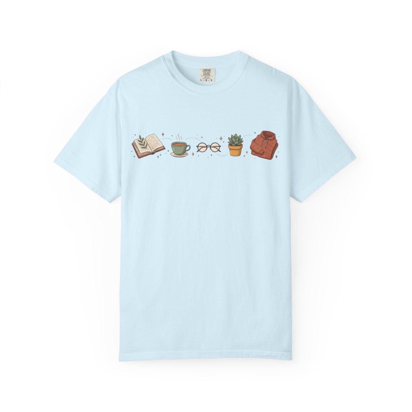 Cozy Reader Icons T-Shirt — Book, Coffee & Plant Graphic Tee
