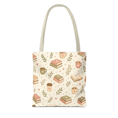 Bookish Tote Bag — Cute Cozy Books & Coffee Pattern All-Over Print Tote