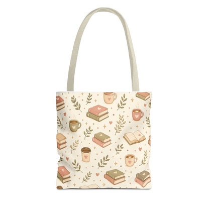 Bookish Tote Bag — Cute Cozy Books & Coffee Pattern All-Over Print Tote