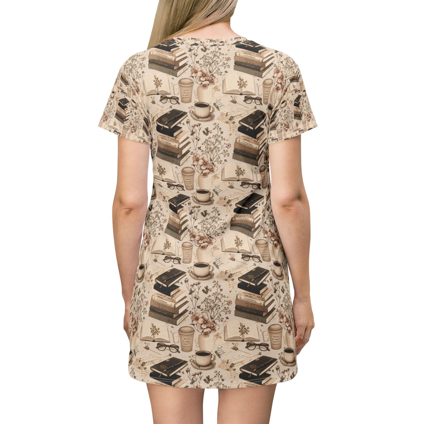 Booklover T-Shirt Dress — Cozy Stacks & Coffee All-Over Print