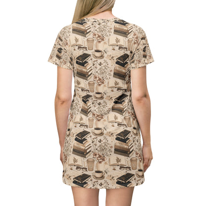 Booklover T-Shirt Dress — Cozy Stacks & Coffee All-Over Print