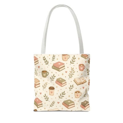 Bookish Tote Bag — Cute Cozy Books & Coffee Pattern All-Over Print Tote