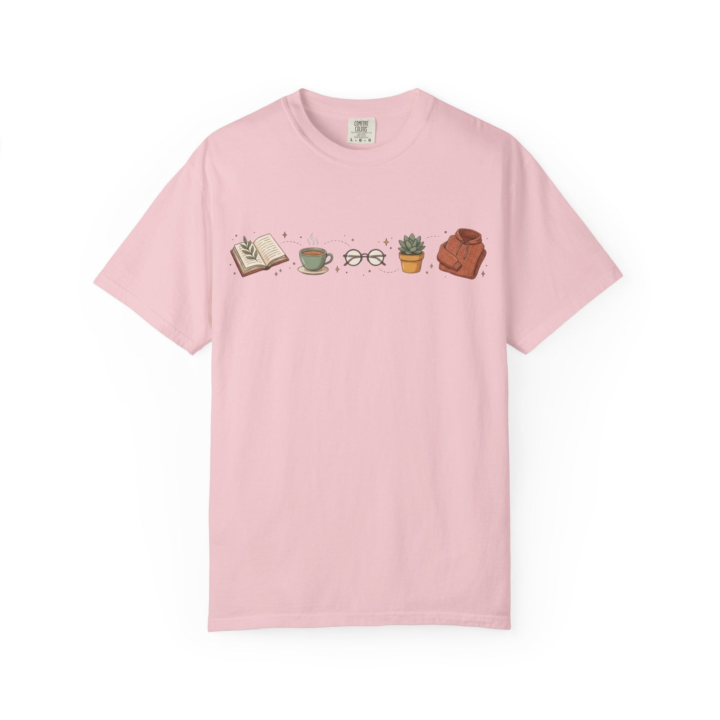 Cozy Reader Icons T-Shirt — Book, Coffee & Plant Graphic Tee