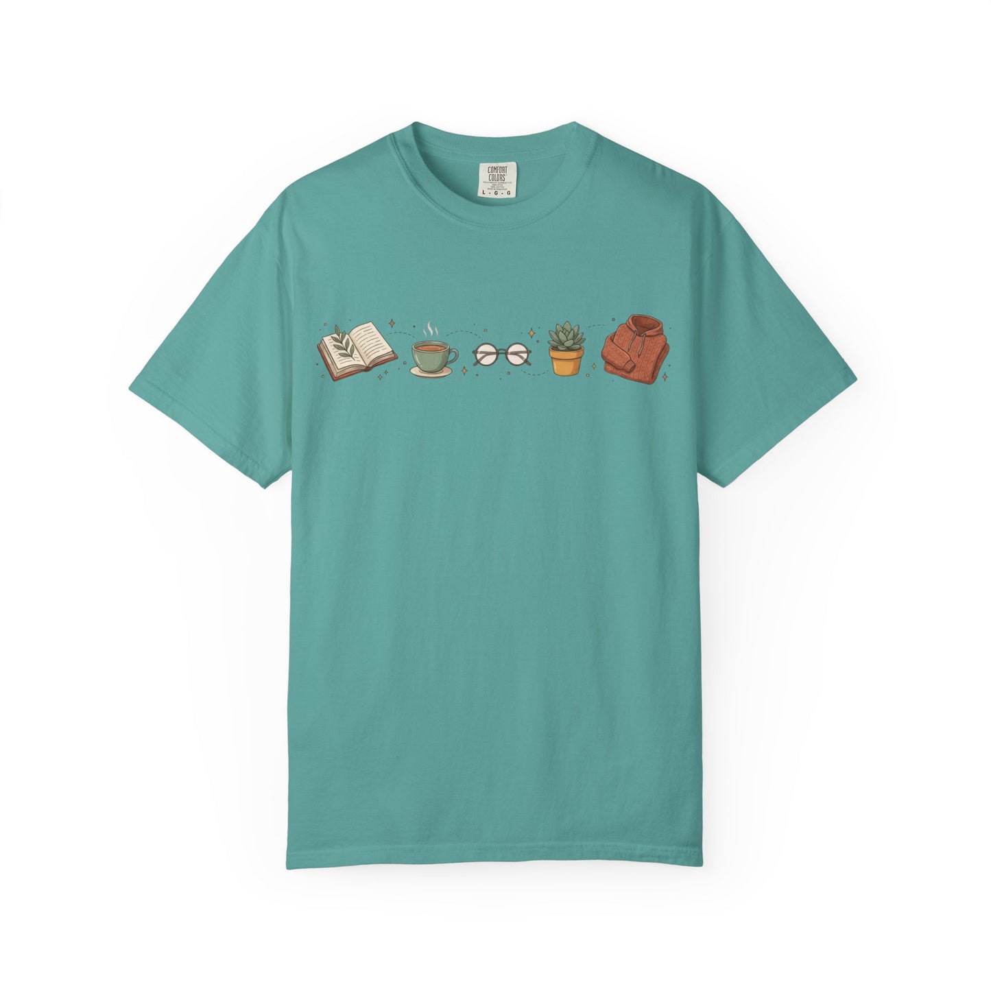Cozy Reader Icons T-Shirt — Book, Coffee & Plant Graphic Tee