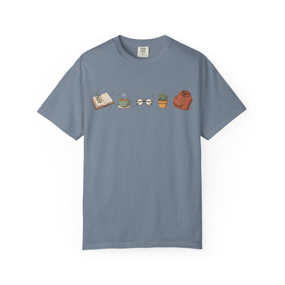 Cozy Reader Icons T-Shirt — Book, Coffee & Plant Graphic Tee