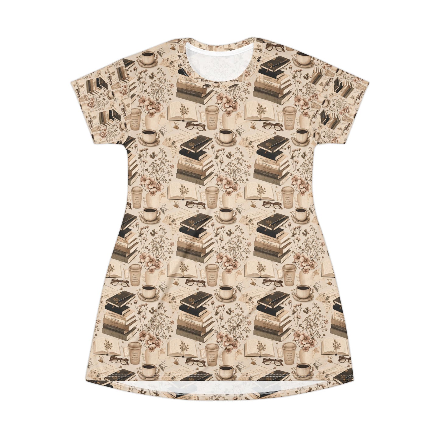 Booklover T-Shirt Dress — Cozy Stacks & Coffee All-Over Print