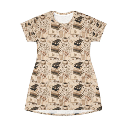 Booklover T-Shirt Dress — Cozy Stacks & Coffee All-Over Print
