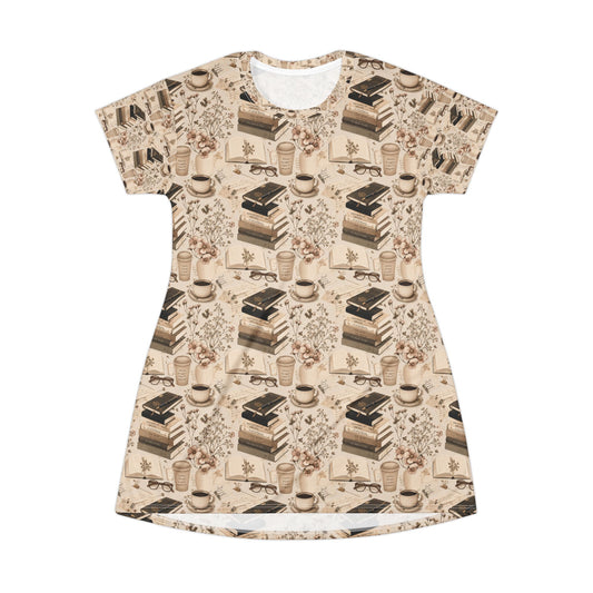 Booklover T-Shirt Dress — Cozy Stacks & Coffee All-Over Print