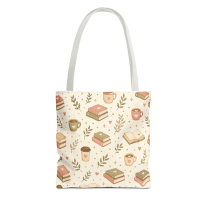 Bookish Tote Bag — Cute Cozy Books & Coffee Pattern All-Over Print Tote