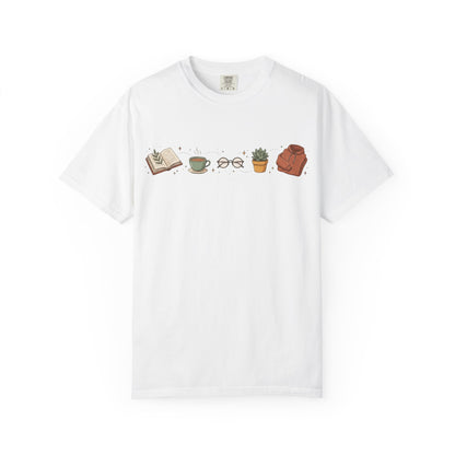 Cozy Reader Icons T-Shirt — Book, Coffee & Plant Graphic Tee