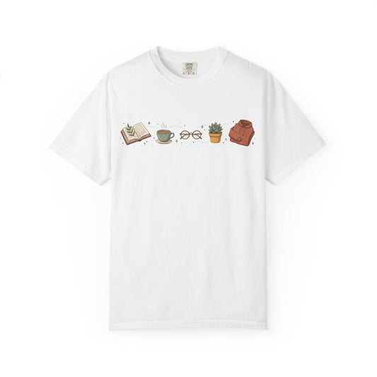 Cozy Reader Icons T-Shirt — Book, Coffee & Plant Graphic Tee