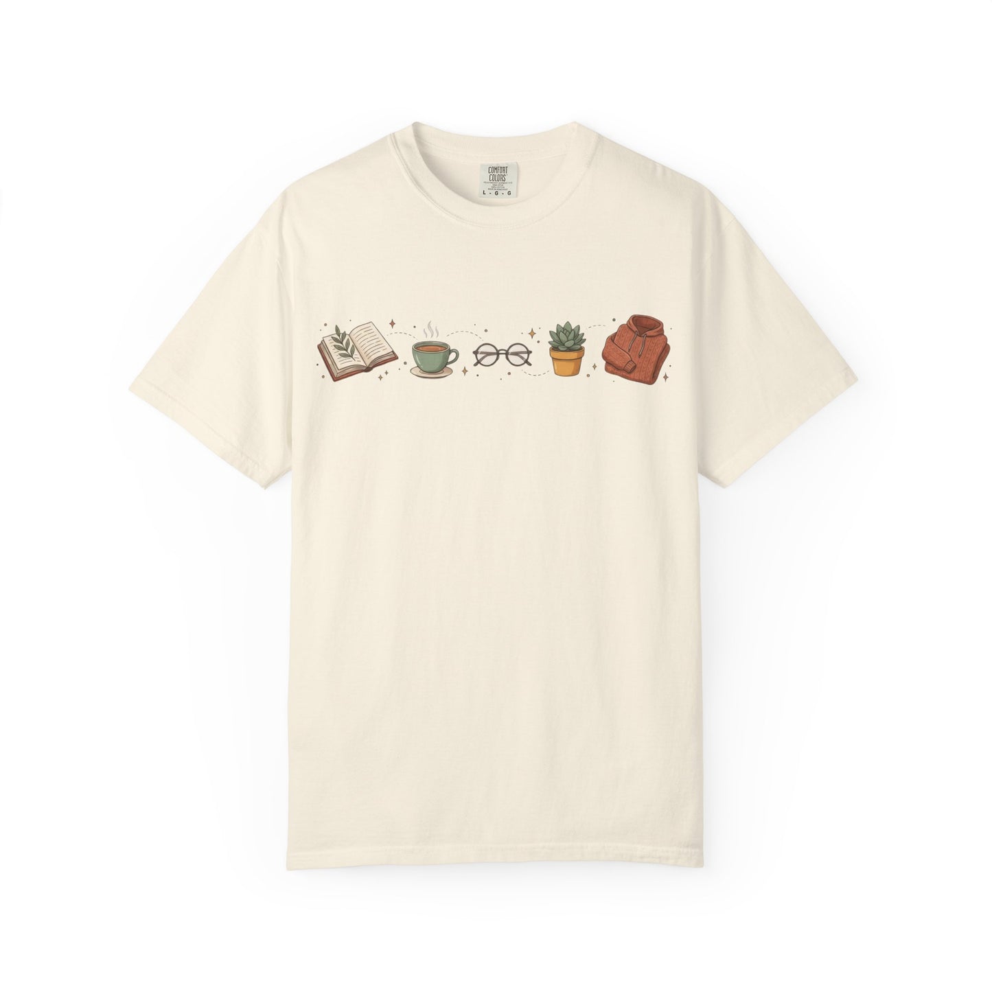 Cozy Reader Icons T-Shirt — Book, Coffee & Plant Graphic Tee