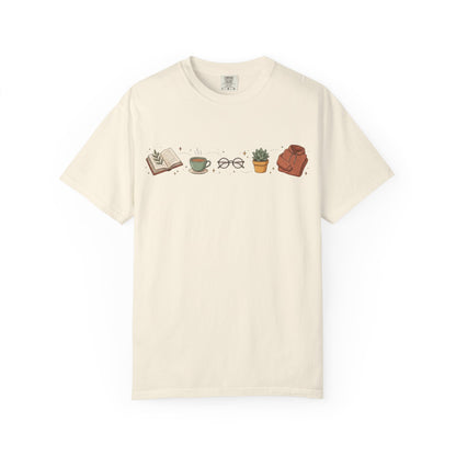 Cozy Reader Icons T-Shirt — Book, Coffee & Plant Graphic Tee