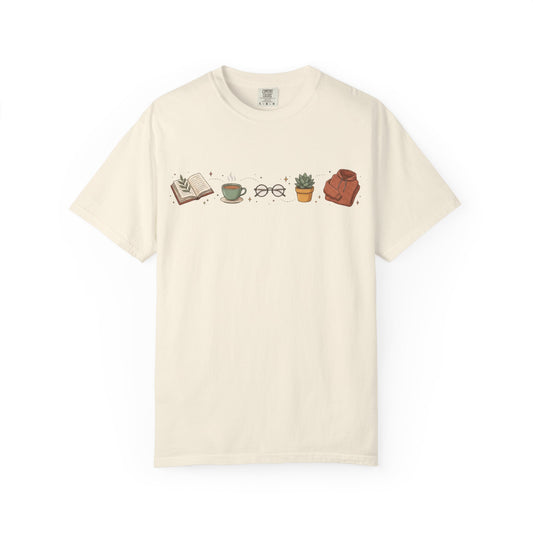 Cozy Reader Icons T-Shirt — Book, Coffee & Plant Graphic Tee