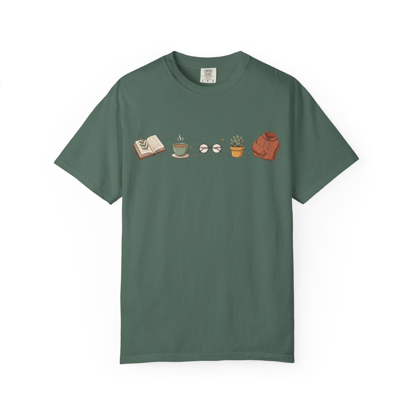 Cozy Reader Icons T-Shirt — Book, Coffee & Plant Graphic Tee
