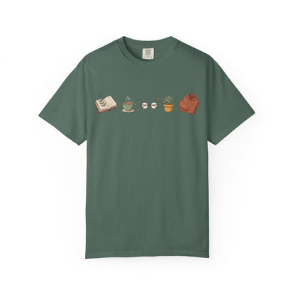 Cozy Reader Icons T-Shirt — Book, Coffee & Plant Graphic Tee