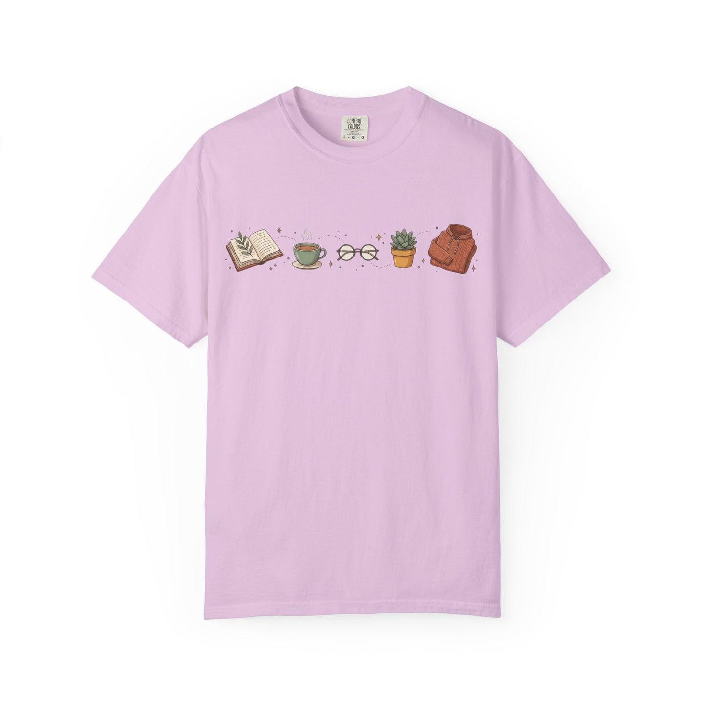 Cozy Reader Icons T-Shirt — Book, Coffee & Plant Graphic Tee