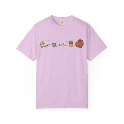 Cozy Reader Icons T-Shirt — Book, Coffee & Plant Graphic Tee