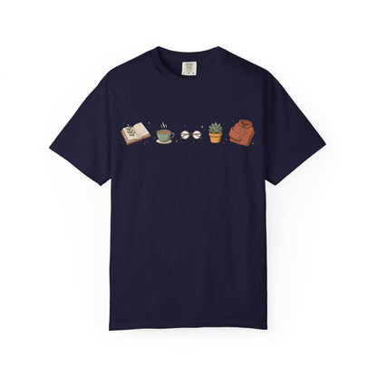 Cozy Reader Icons T-Shirt — Book, Coffee & Plant Graphic Tee