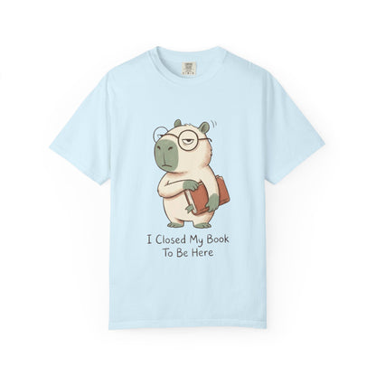T-Shirt — Cute Bookish Sloth Graphic Tee “I Closed My Book To Be Here”