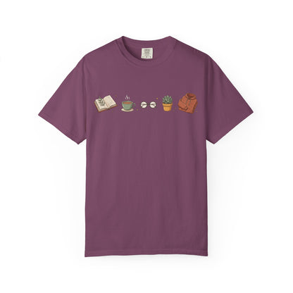 Cozy Reader Icons T-Shirt — Book, Coffee & Plant Graphic Tee
