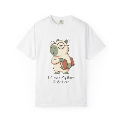 T-Shirt — Cute Bookish Sloth Graphic Tee “I Closed My Book To Be Here”