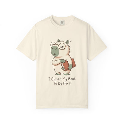 T-Shirt — Cute Bookish Sloth Graphic Tee “I Closed My Book To Be Here”