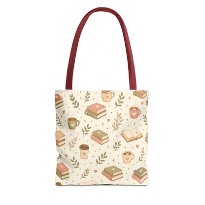 Bookish Tote Bag — Cute Cozy Books & Coffee Pattern All-Over Print Tote