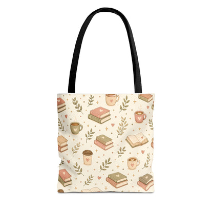 Bookish Tote Bag — Cute Cozy Books & Coffee Pattern All-Over Print Tote