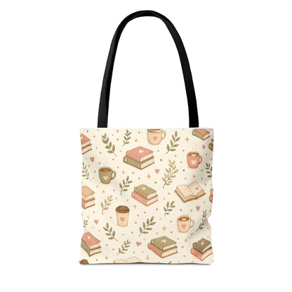 Bookish Tote Bag — Cute Cozy Books & Coffee Pattern All-Over Print Tote