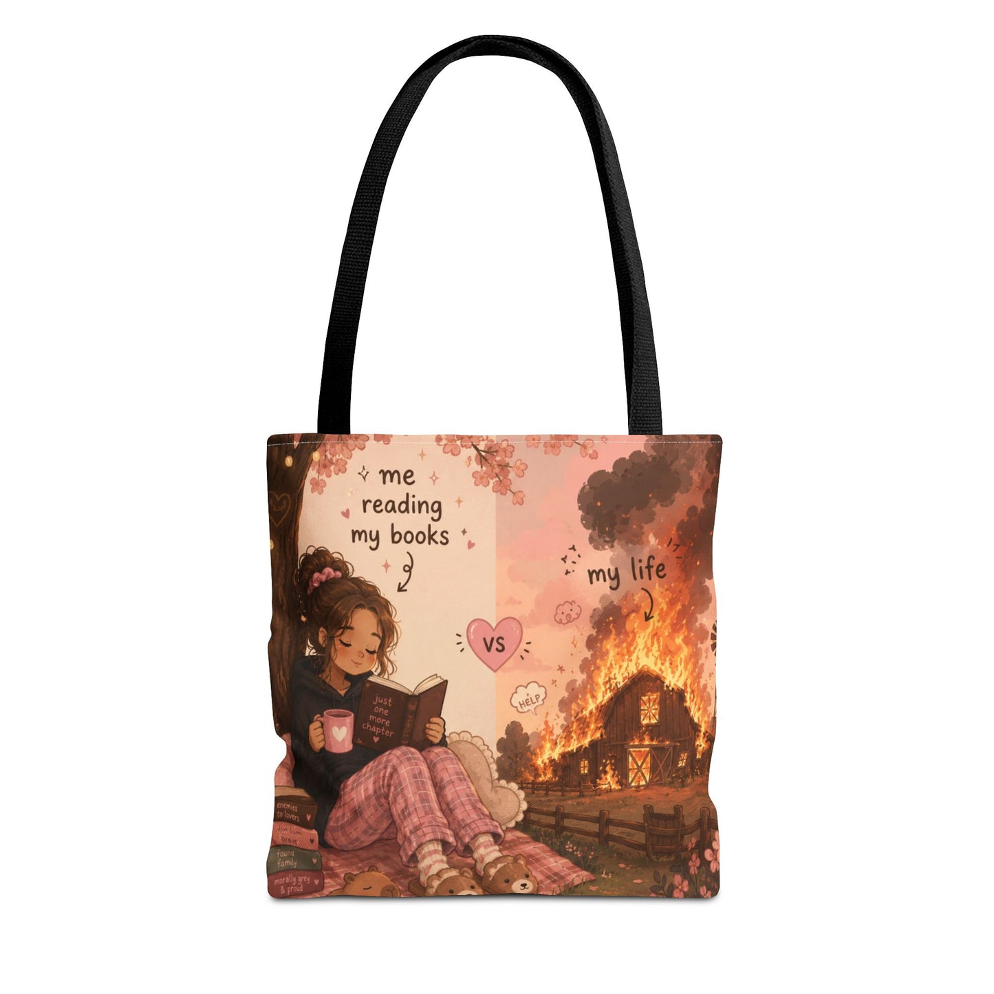 Booklover Tote Bag — "Me Reading My Books vs My Life" Illustrated Aesthetic Tote