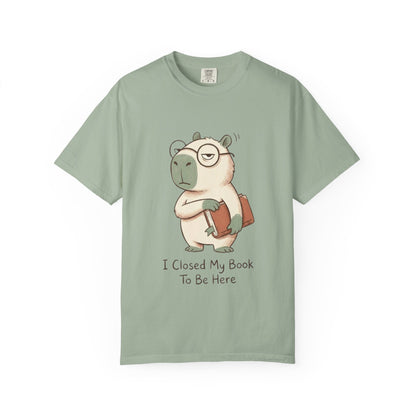 T-Shirt — Cute Bookish Sloth Graphic Tee “I Closed My Book To Be Here”