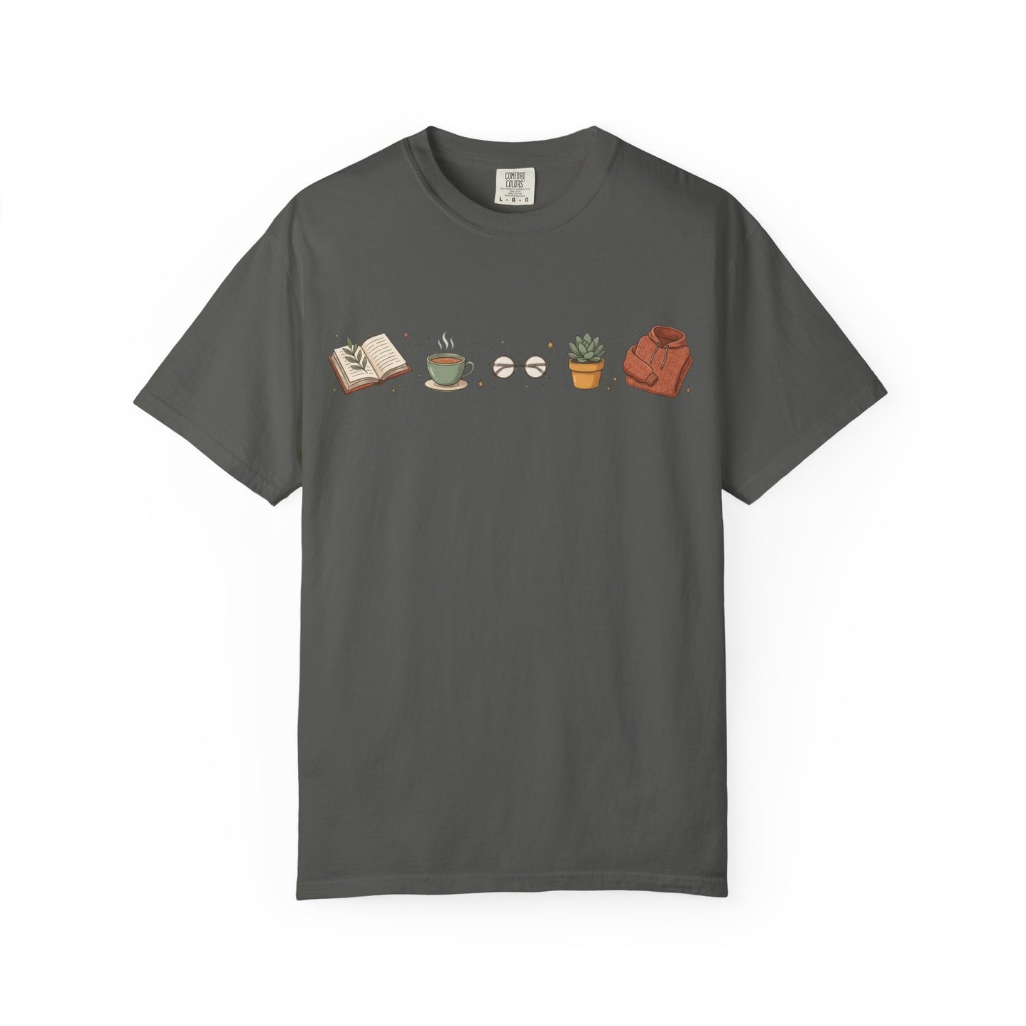 Cozy Reader Icons T-Shirt — Book, Coffee & Plant Graphic Tee