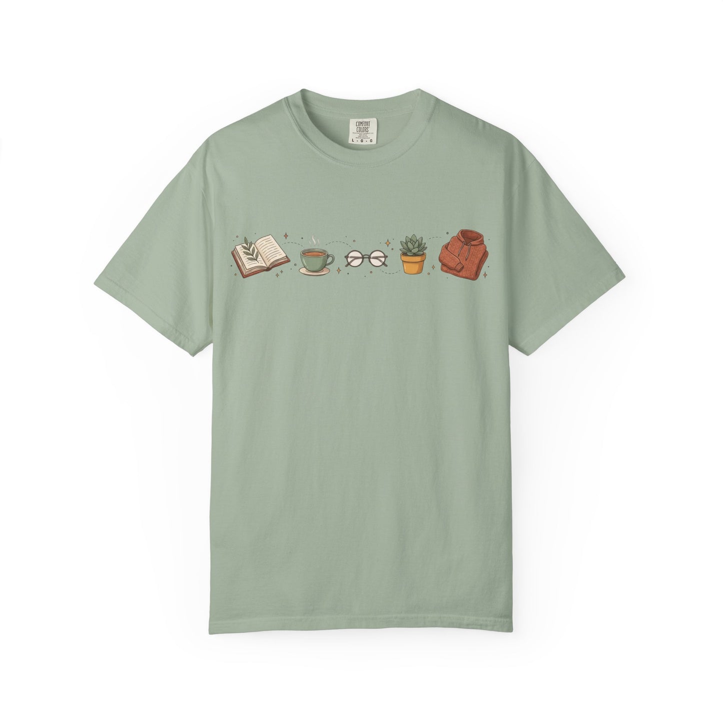 Cozy Reader Icons T-Shirt — Book, Coffee & Plant Graphic Tee