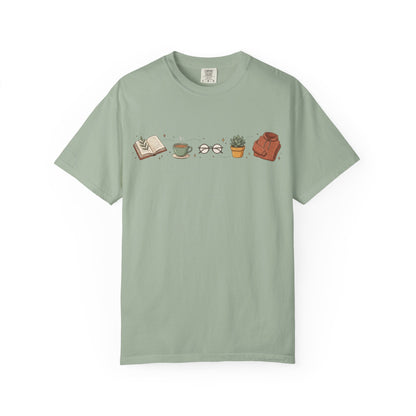 Cozy Reader Icons T-Shirt — Book, Coffee & Plant Graphic Tee