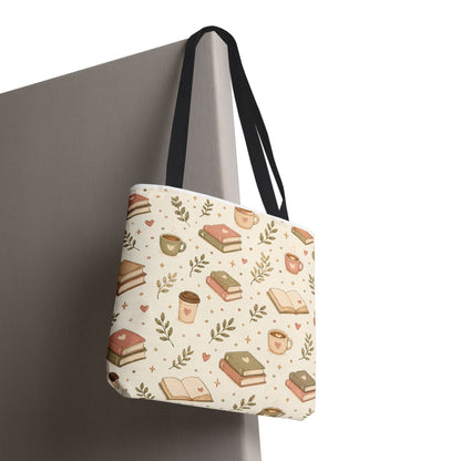 Bookish Tote Bag — Cute Cozy Books & Coffee Pattern All-Over Print Tote