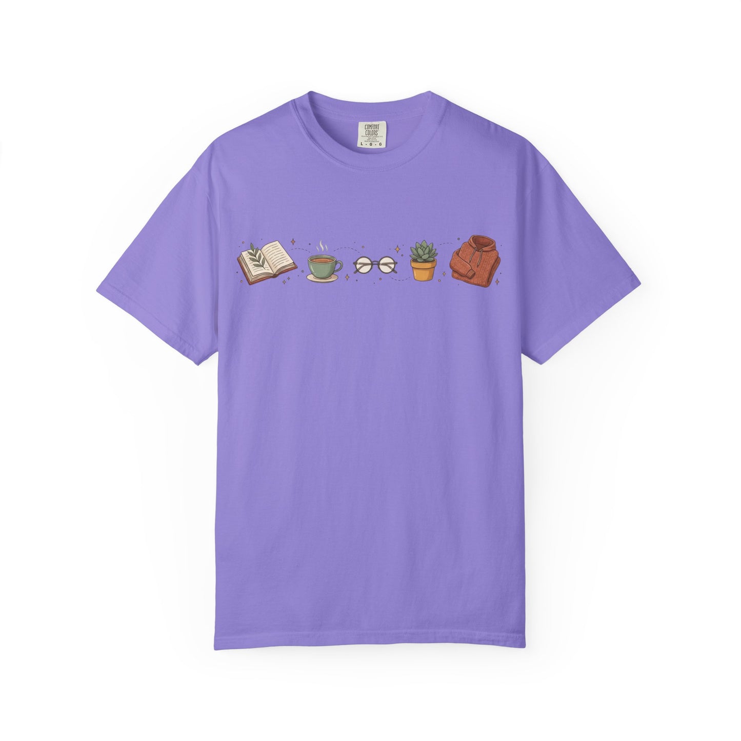 Cozy Reader Icons T-Shirt — Book, Coffee & Plant Graphic Tee