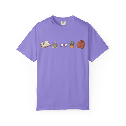 Cozy Reader Icons T-Shirt — Book, Coffee & Plant Graphic Tee