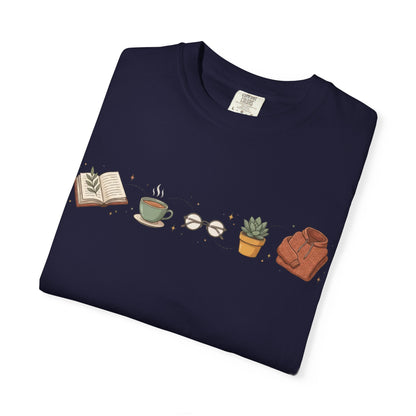 Cozy Reader Icons T-Shirt — Book, Coffee & Plant Graphic Tee