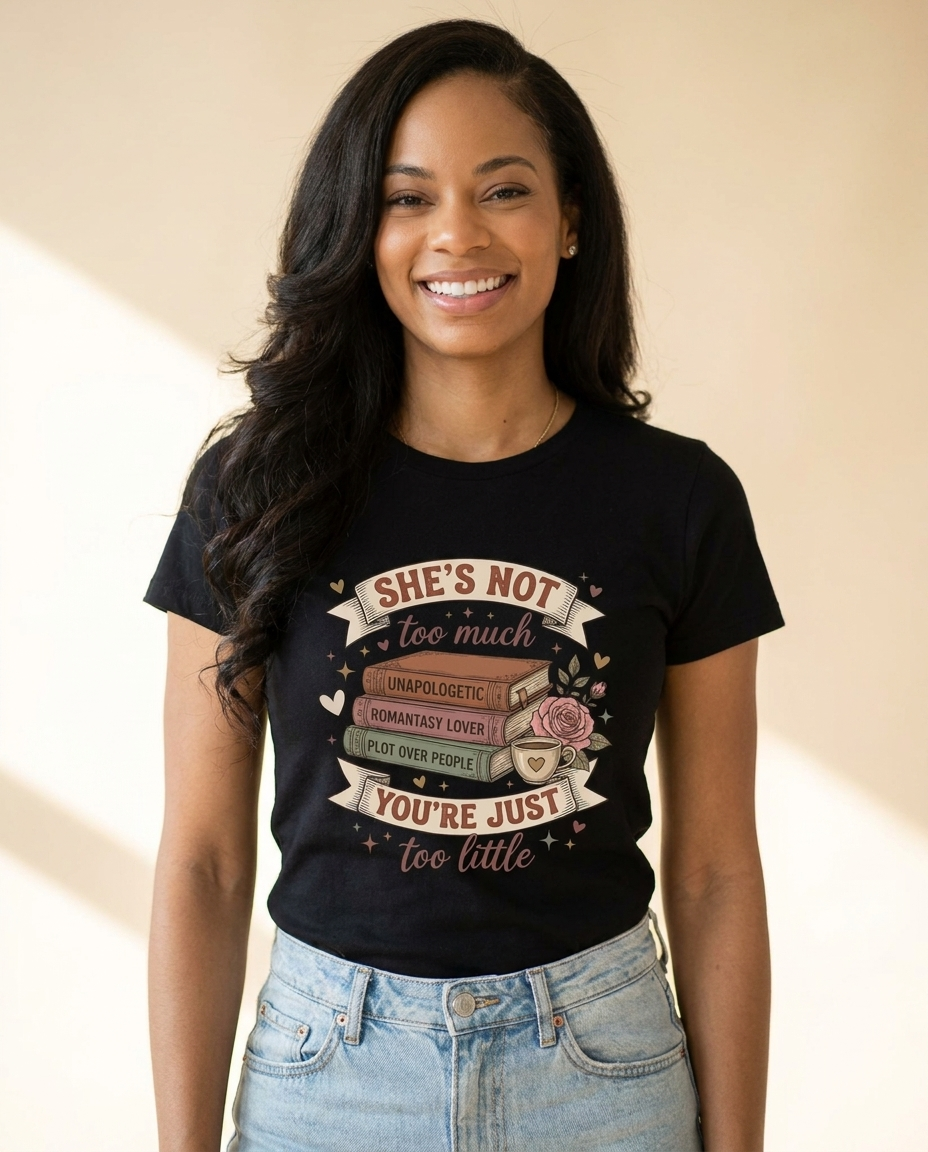 T‑Shirt — “She’s Not Too Much, You’re Just Too Little” Floral Book Lover Tee
